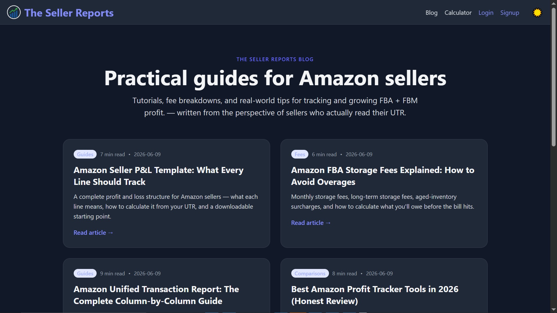 The Seller Reports blog listing articles on Amazon profitability