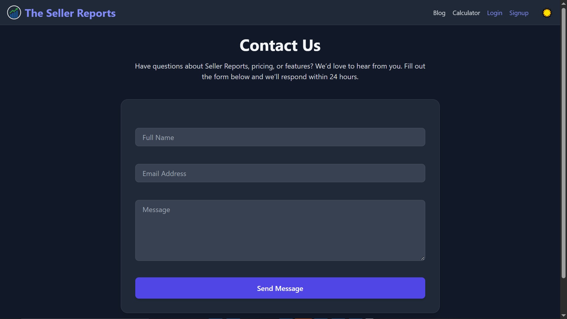 The Seller Reports contact page with a support message form