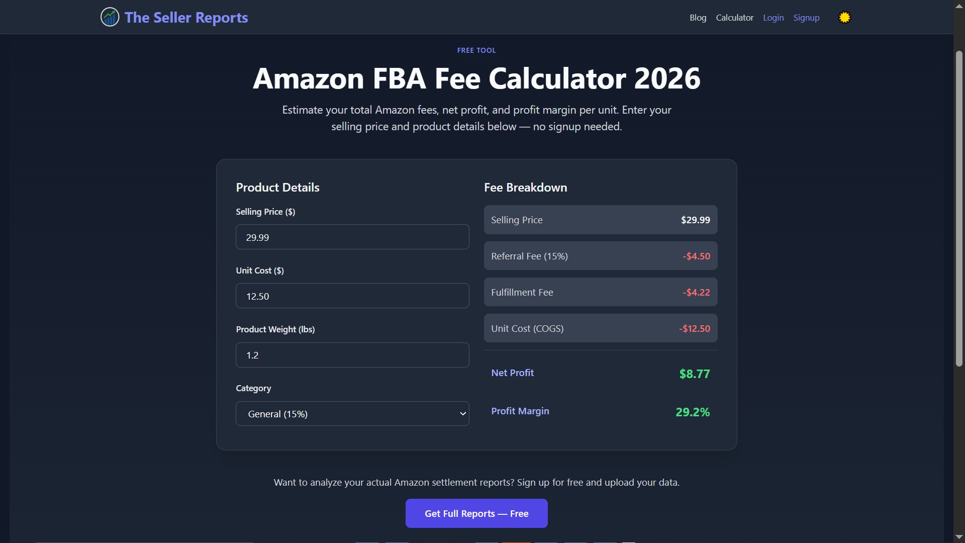 Amazon FBA Fee Calculator showing estimated fulfillment fees for a product