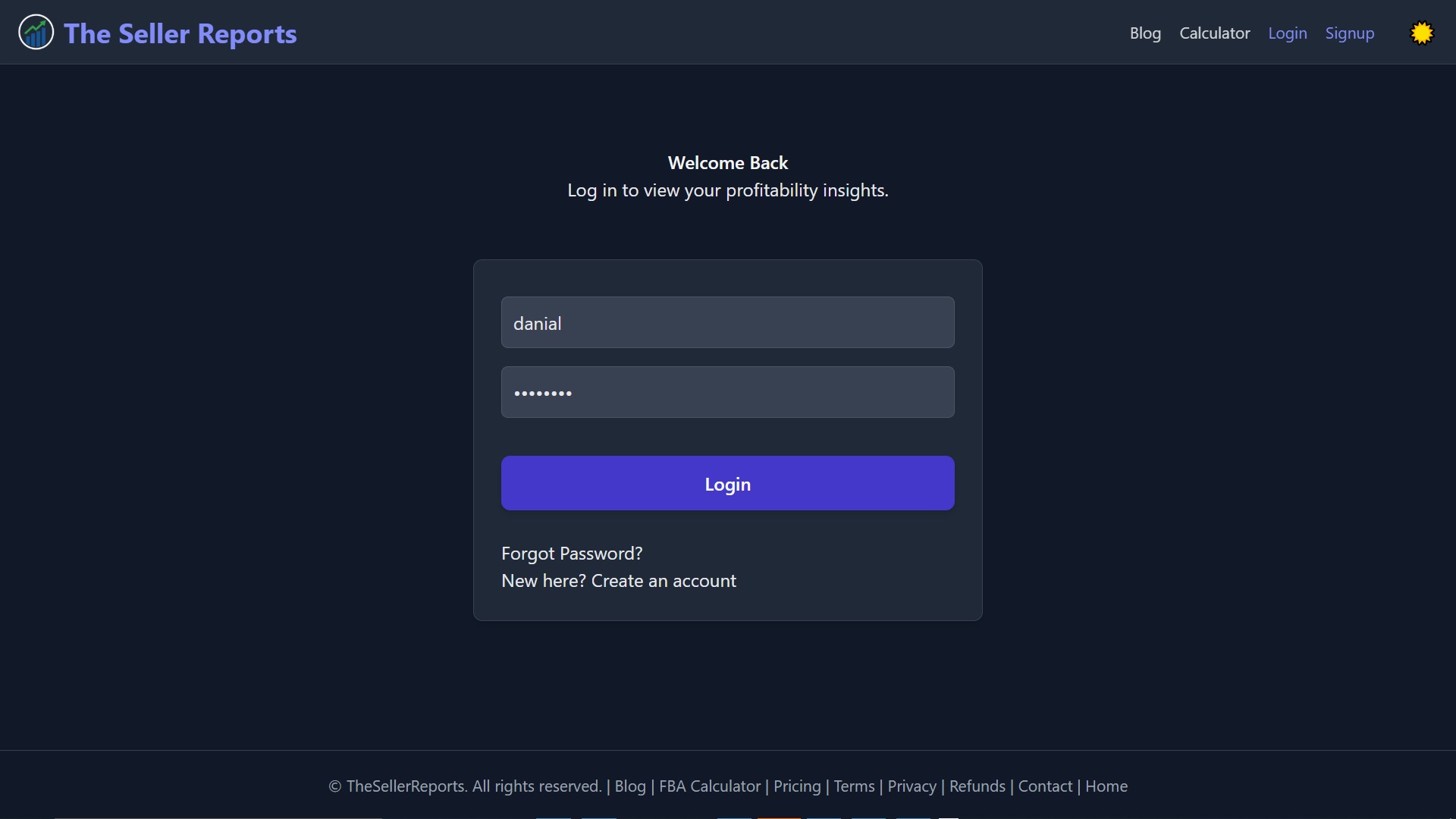 Login page with username and password fields