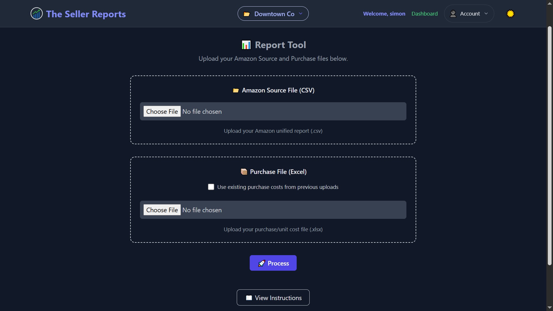 Report Tool page with Amazon Source and Purchase file upload controls