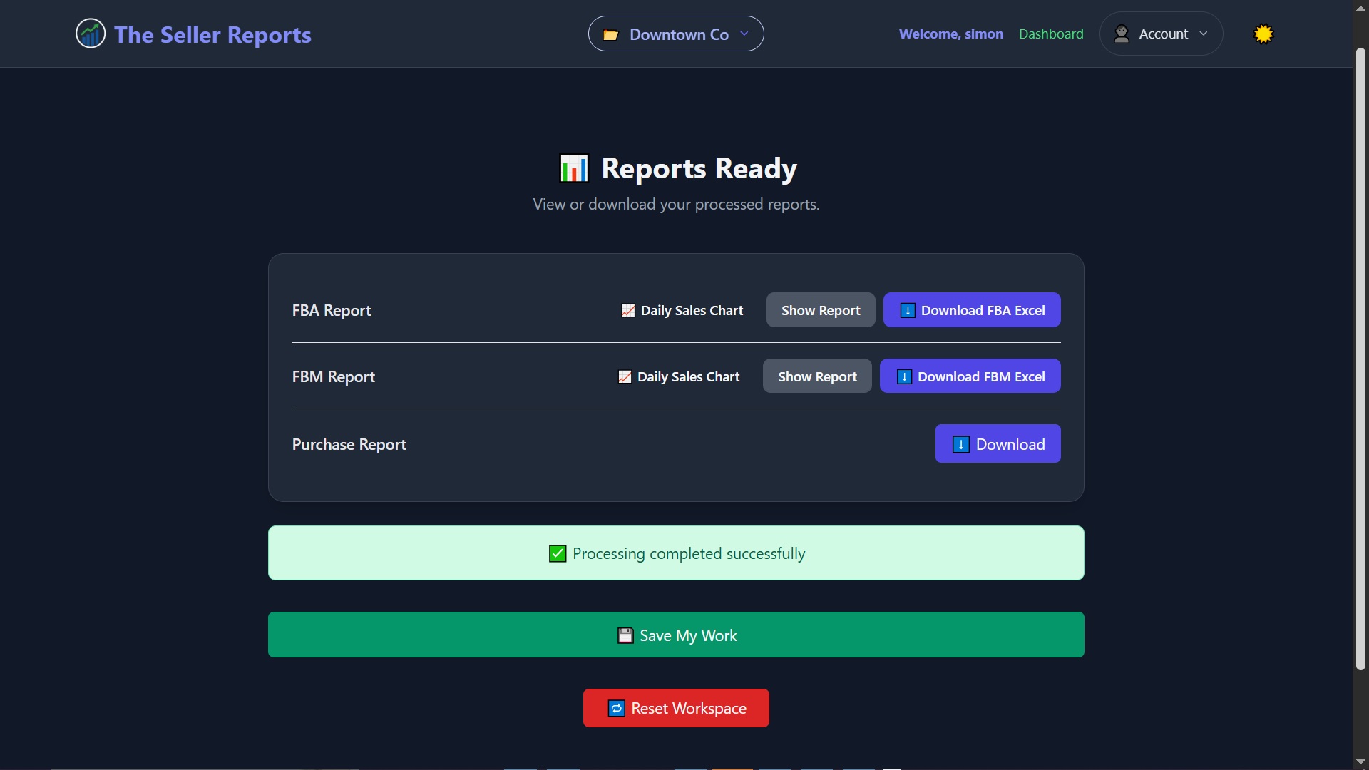 Reports Ready page listing the generated FBA, FBM and Purchase reports