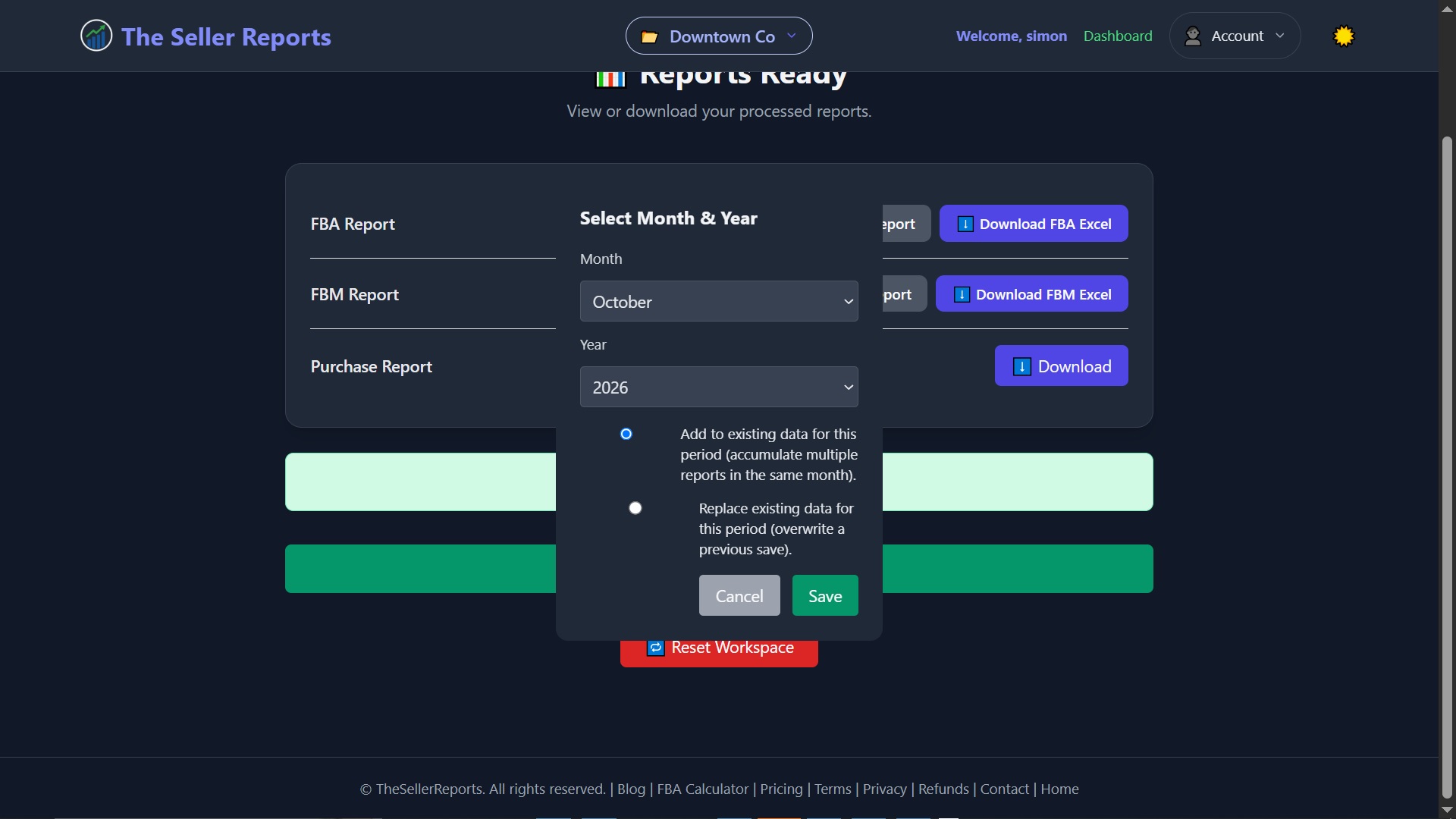 Save My Work dialog for choosing the reporting month, year and save option
