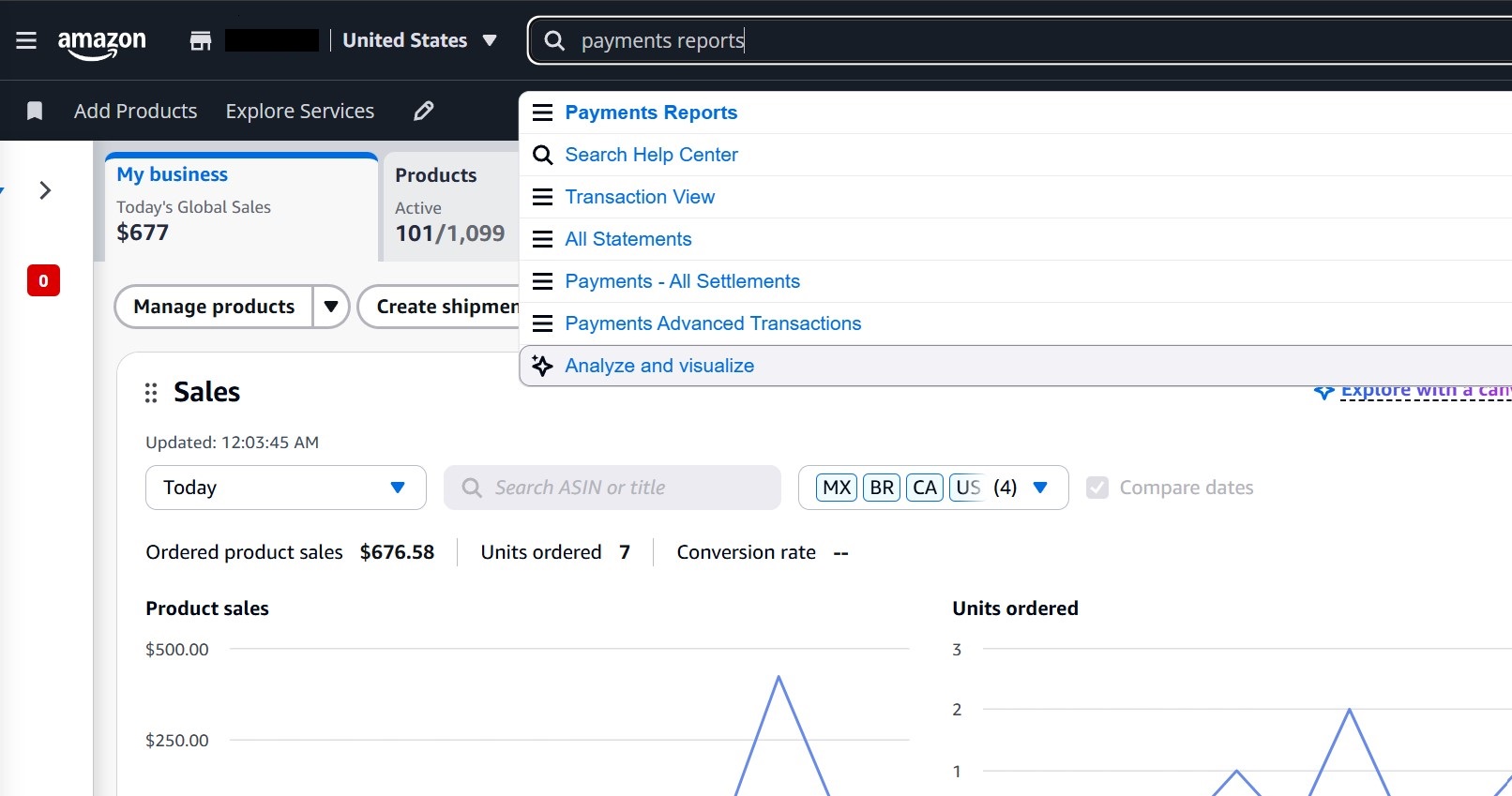 Amazon Seller Central search bar with Payment Reports search