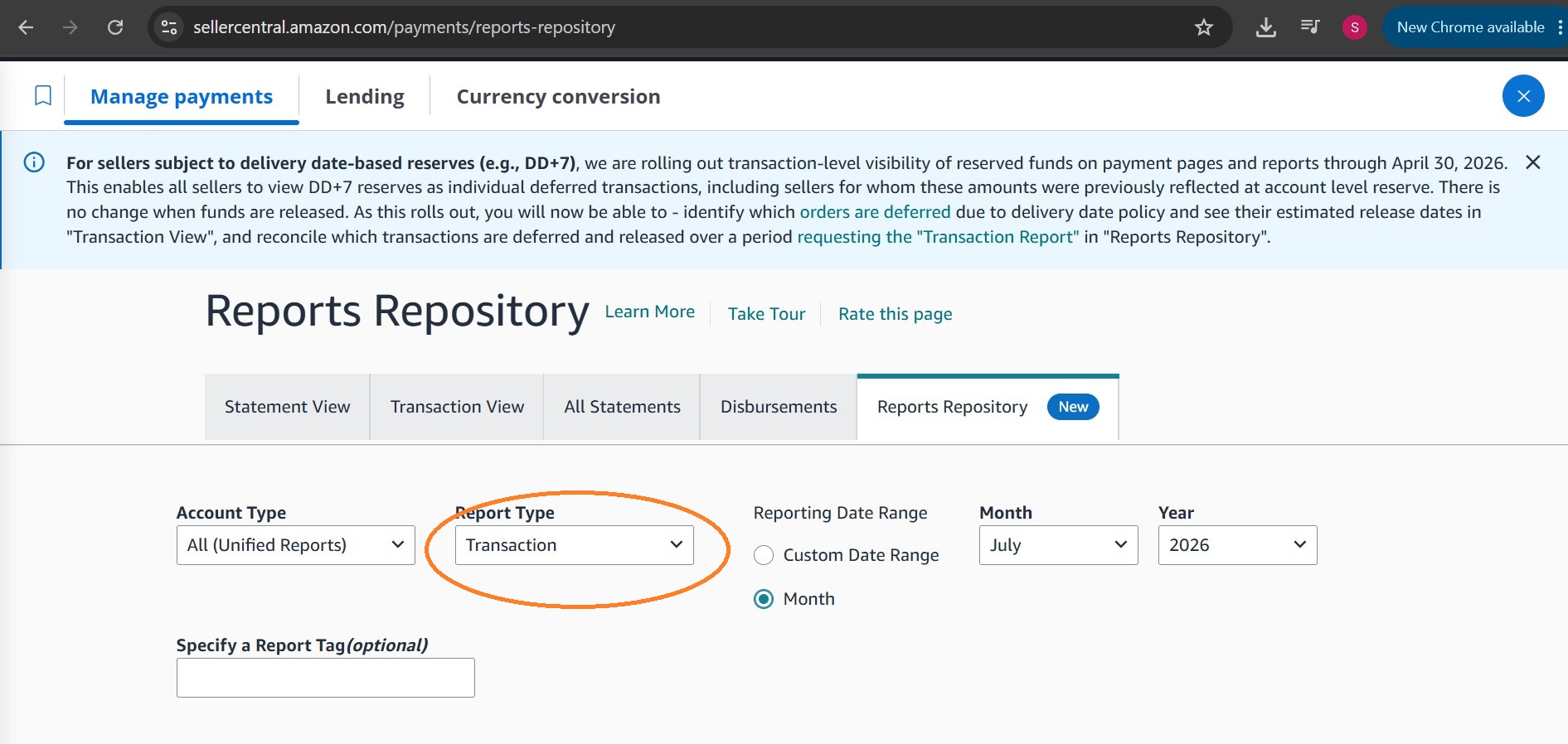 Reports Repository filters for Account Type, Report Type and date range