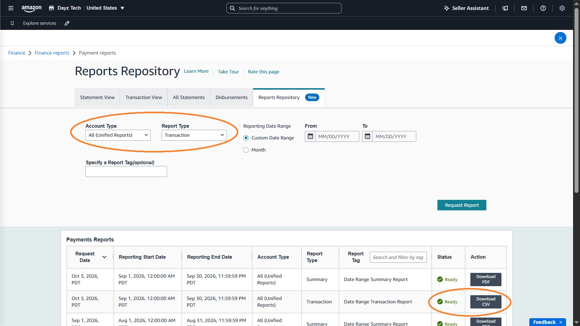 Download link for a ready transaction report in CSV format