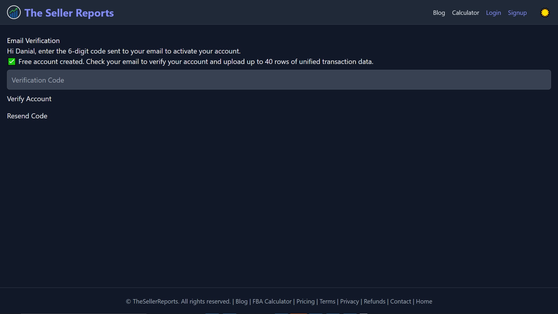 Email verification screen with a one-time code field